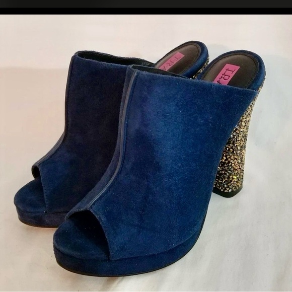 Tracy Reese Blue and Gold Mules with Glitter Block Heel - Picture 2 of 5